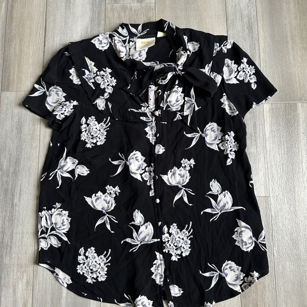 Anthropologie Maeve Adagio Tie Collar Blouse Womens S Floral Ruffle Boho Classic - Picture 2 of 7
